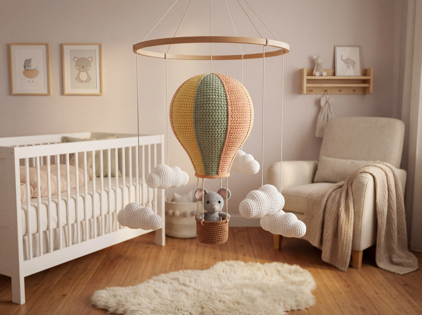 Crochet Mouse Nursery Mobile: Hot Air Balloon & Clouds Pattern