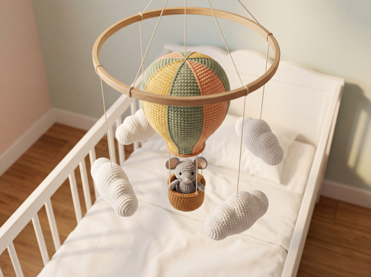 Crochet Mouse Nursery Mobile: Hot Air Balloon & Clouds Pattern