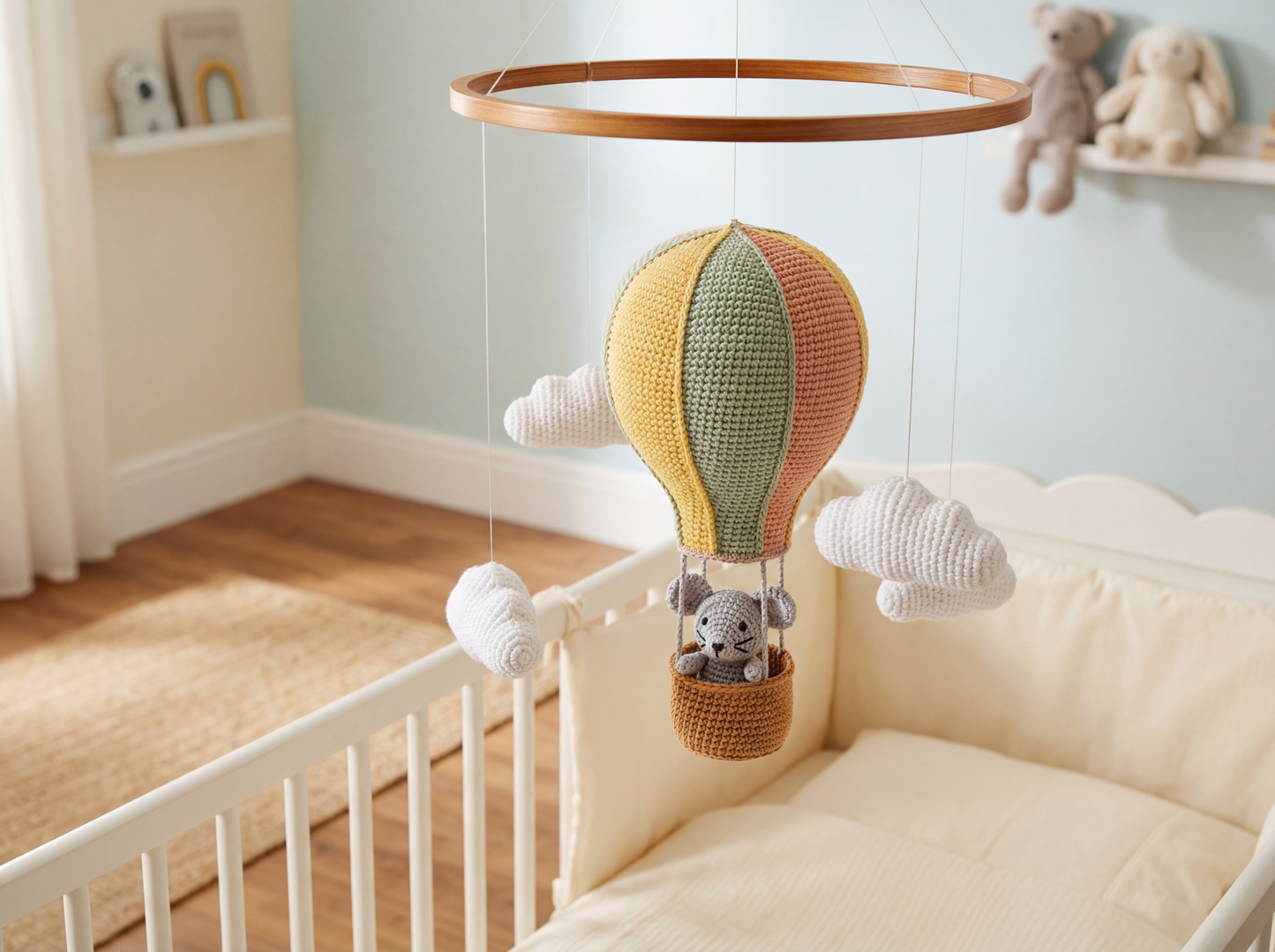 Crochet Mouse Nursery Mobile: Hot Air Balloon & Clouds Pattern