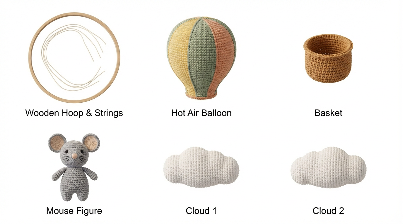 Crochet Mouse Nursery Mobile: Hot Air Balloon & Clouds Pattern